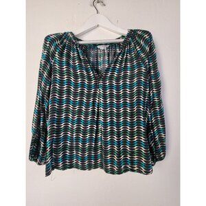 Boden Womens Wave Print V-Neck Long Sleeve Blouse Size 4 Black Green Blue WA551